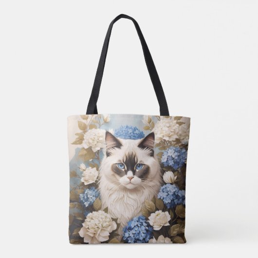 Ragdoll Katze mit Blue Hydrangea-Blume Tasche (Rückseite)