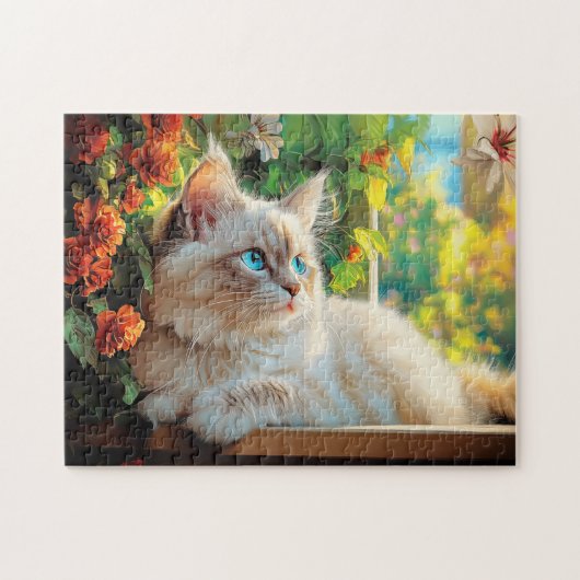 Ragdoll Katzenportrait mit Blume Puzzle (Horizontal)