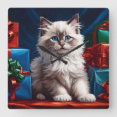 Ragdoll Kitten Christmas Present Quadratische Wanduhr (Vorderseite)