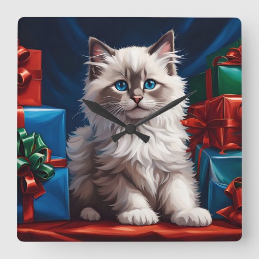 Ragdoll Kitten Christmas Present Quadratische Wanduhr (Vorderseite)