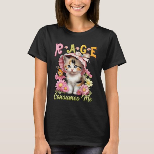 Rage konsumiert Cat Tiny Kitten Big Bonnet Blume,  T-Shirt (Vorderseite)