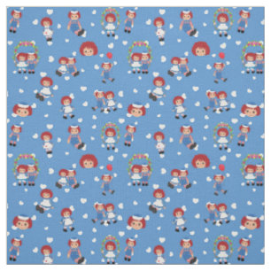 Raggedy Ann und Andy auf fallenden Herzen auf Blau Stoff
