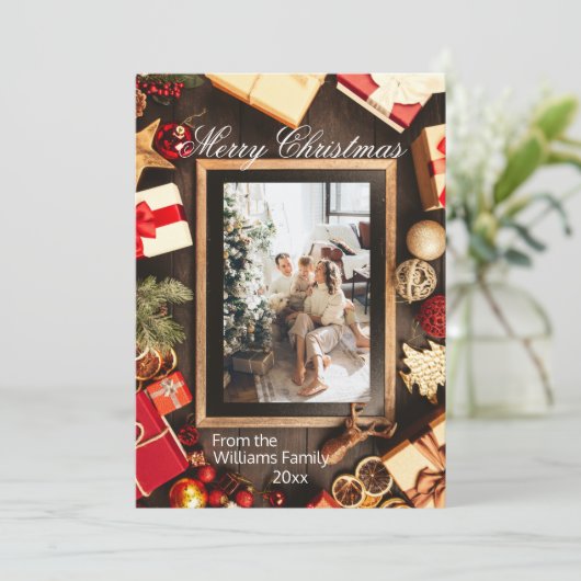 Rahmen für die Weihnachtsfamilie Foto Einladung (Stehend Vorderseite)