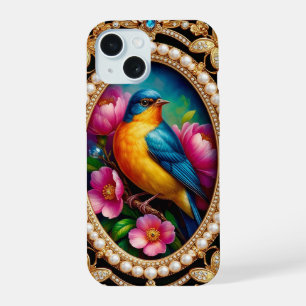 Rahmen im Vintage-Stil mit farbenfrohem Vogel iPhone 15 Hülle