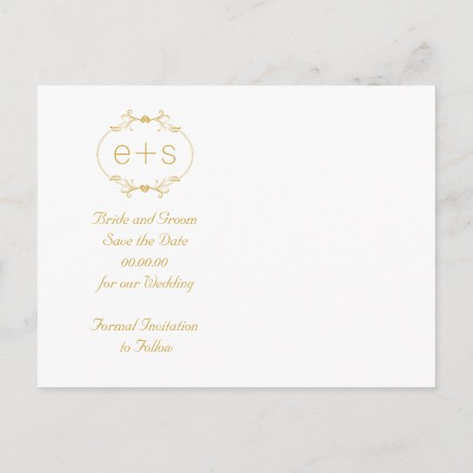 Rahmen & Initialen Gold, weiße Hochzeit Das Datum Ankündigungspostkarte (Rückseite)