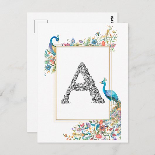 Rahmen mit Aquarell-Pfauen und Blume - A Postkarte (Vorne/Hinten)