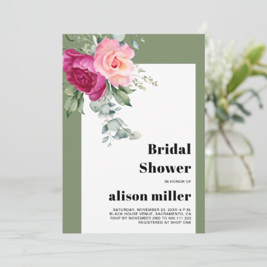 Rahmen mit Eukalyptus und rosa Rosen-Brautparty Einladung (Stehend Vorderseite)