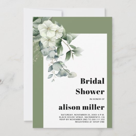 Rahmen mit Eukalyptus, weiße Blume Brautparty Einladung (Vorderseite)