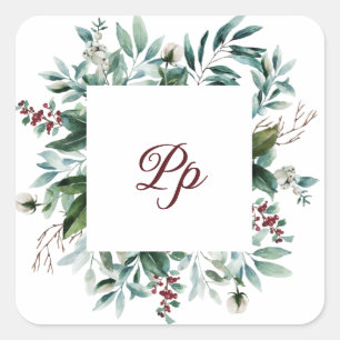 Rahmen mit personalisiertem Monogramm grüner Beere Quadratischer Aufkleber
