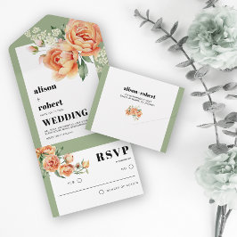 Rahmen mit pfirsichfarbener Rose Blume Salbei Grün All In One Einladung