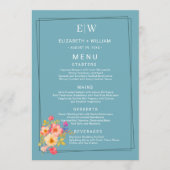 Rahmen mit Rose, Hochzeitsstil auf blau Menükarte (Vorderseite)