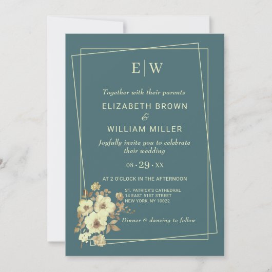 Rahmen mit Rose, Hochzeitstil auf Marine Blue Einladung (Vorderseite)