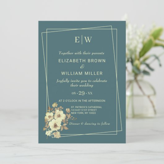 Rahmen mit Rose, Hochzeitstil auf Marine Blue Einladung (Stehend Vorderseite)