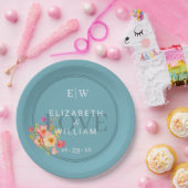 Rahmen mit Rose, Hochzeitstil auf Retro-Blau Pap Pappteller (Party)