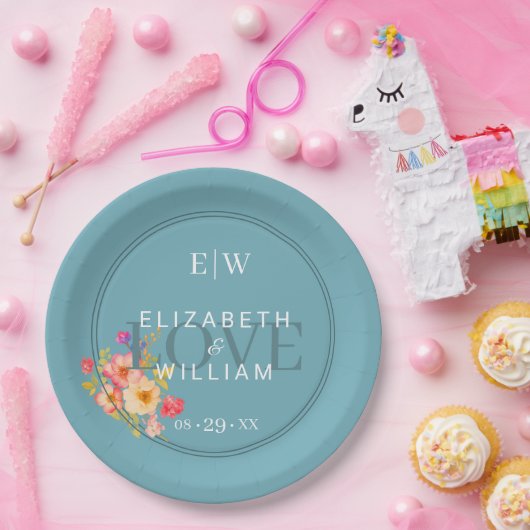 Rahmen mit Rose, Hochzeitstil auf Retro-Blau Pap Pappteller (Party)