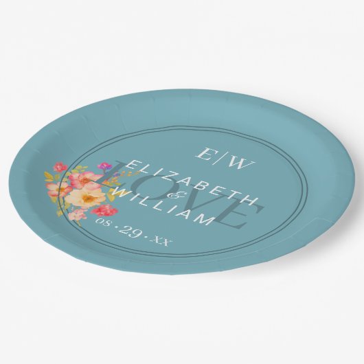 Rahmen mit Rose, Hochzeitstil auf Retro-Blau Pap Pappteller (Schrägansicht)