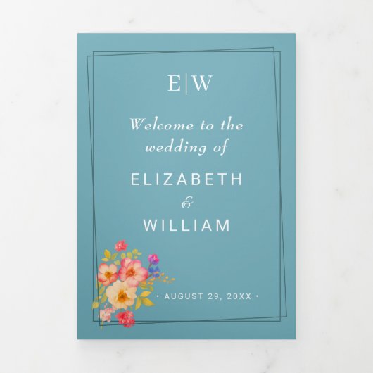 Rahmen mit Rose, Hochzeitstil auf Retroblau Dreifach-gefaltete Programmkarte (Cover)