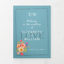 Rahmen mit Rose, Hochzeitstil auf Retroblau Dreifach-gefaltete Programmkarte