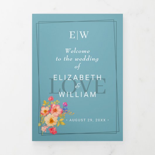 Rahmen mit Rose, Hochzeitstil auf Retroblau Dreifach-gefaltete Programmkarte (Cover)