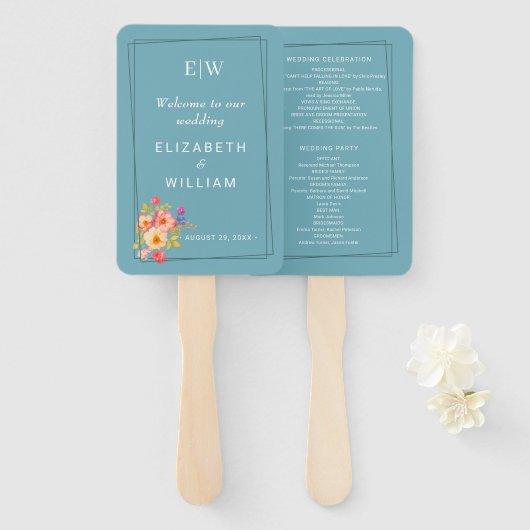 Rahmen mit Rose, Hochzeitstil auf Retroblau Fächer (Vorne und Hinten)