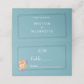 Rahmen mit Rose, Hochzeitstil auf Retroblau Platzkarte (Außenseite Aufgefaltet)