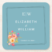 Rahmen mit Rose, Hochzeitstil auf Retroblau Rechteckiger Pappuntersetzer (Vorderseite)