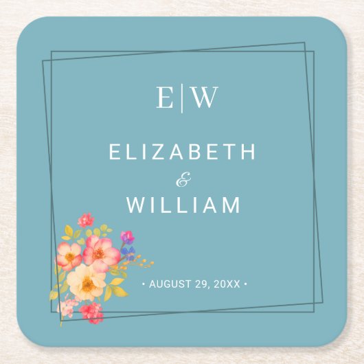 Rahmen mit Rose, Hochzeitstil auf Retroblau Rechteckiger Pappuntersetzer (Vorderseite)