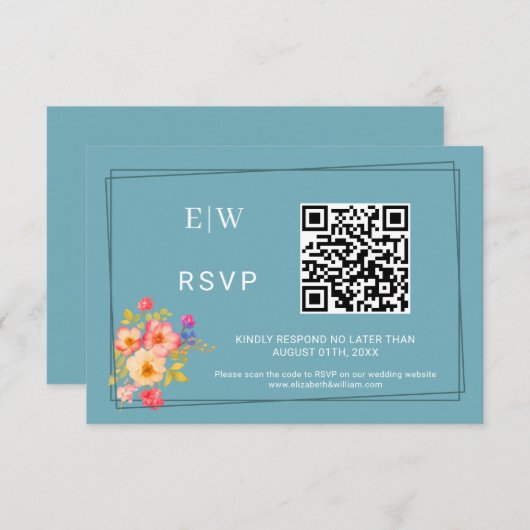 Rahmen mit Rose, Hochzeitstil auf Retroblau RSVP Karte (Vorne/Hinten)