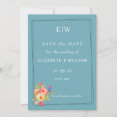 Rahmen mit Rose, Hochzeitstil auf Retroblau Save The Date (Vorderseite)