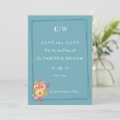 Rahmen mit Rose, Hochzeitstil auf Retroblau Save The Date (Stehend Vorderseite)