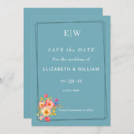 Rahmen mit Rose, Hochzeitstil auf Retroblau Save The Date