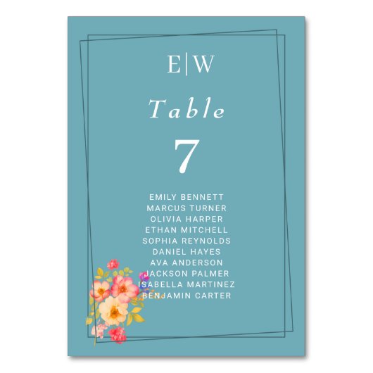 Rahmen mit Rose, Hochzeitstil auf Retroblau Tischnummer (Vorderseite)