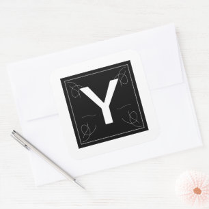 Rahmen und blühendes Monogramm Buchstabe Y auf Wei Quadratischer Aufkleber