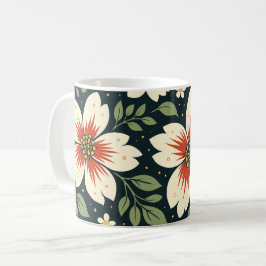 Rahmfarbene Blumen mit roten Zentren und grünen Bl Kaffeetasse