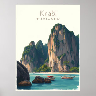 Railay Strand, Krabi Thailand Vintage-Illustration Poster