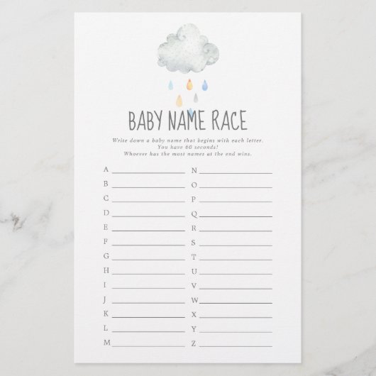 Rain Cloud Boy Baby Dusche Baby Name Race Game (Vorderseite)