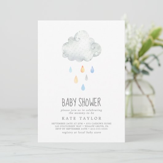 Rain Cloud Boy Baby Dusche Einladung (Stehend Vorderseite)
