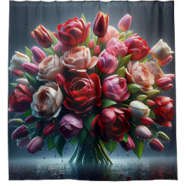 "Rain-Drenched Tulips and Rose Bouquet" Duschvorhang