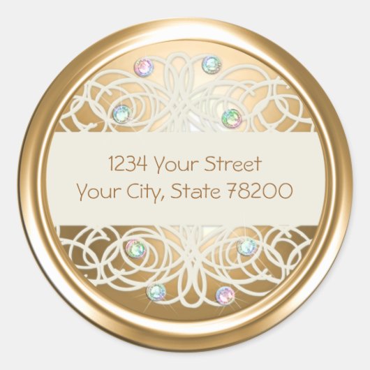 Rainbo Crystal und Gold Damask Rücksendeadresse Si Runder Aufkleber (Vorderseite)