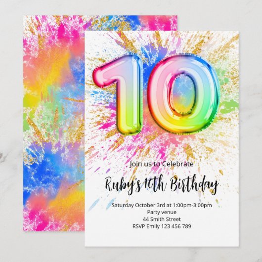 Rainbow 10th Birthday Invitation Einladung (Vorne/Hinten)