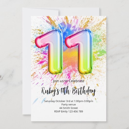 Rainbow 11th Birthday Invitation Einladung (Vorderseite)