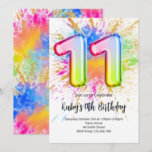 Rainbow 11th Birthday Invitation Einladung (Vorne/Hinten)