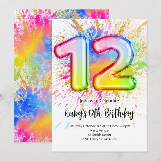 Rainbow 12th Birthday Invitation Einladung (Vorne/Hinten)