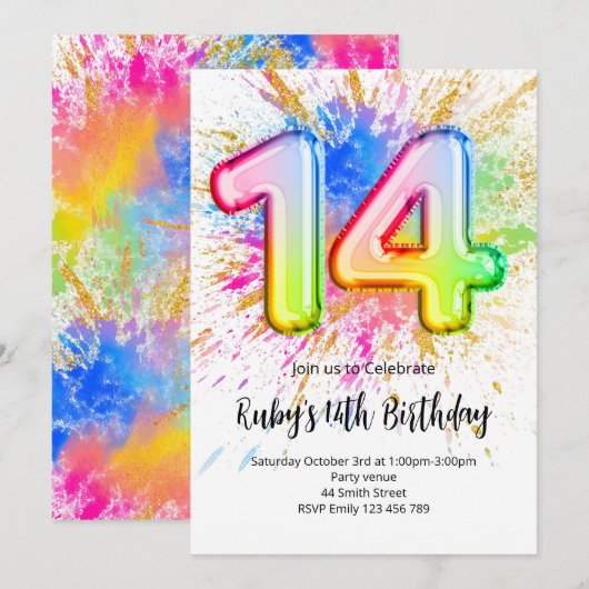 Rainbow 14th Birthday Invitation Einladung (Vorne/Hinten)
