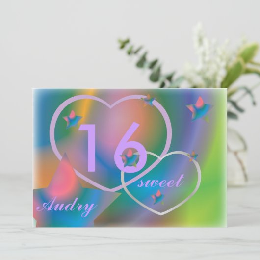 Rainbow 16 . Geburtstag Einladung individuell anpa (Stehend Vorderseite)