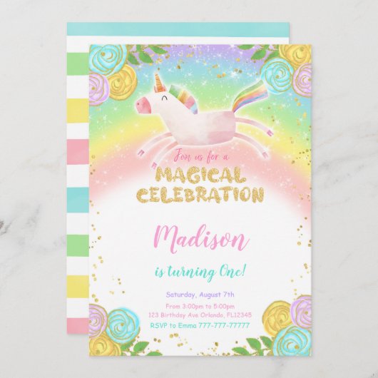 Rainbow 1. Geburtstag Einhorn Party Einladung (Vorne/Hinten)