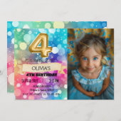 Rainbow 4 Year Old 4th Birthday Foto Girls Vier Einladung (Vorne/Hinten)