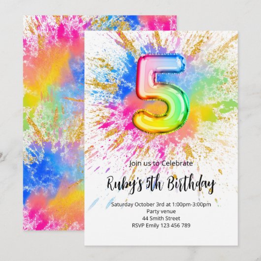Rainbow 5th Birthday Invitation Einladung (Vorne/Hinten)