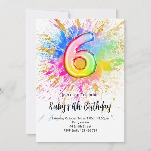 Rainbow 6th Birthday Invitation Einladung (Vorderseite)