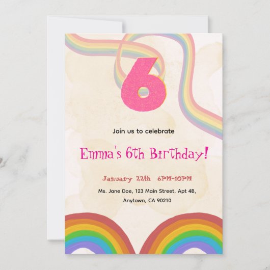 Rainbow 6th Birthday Party, Girl Invitation Einladung (Vorderseite)